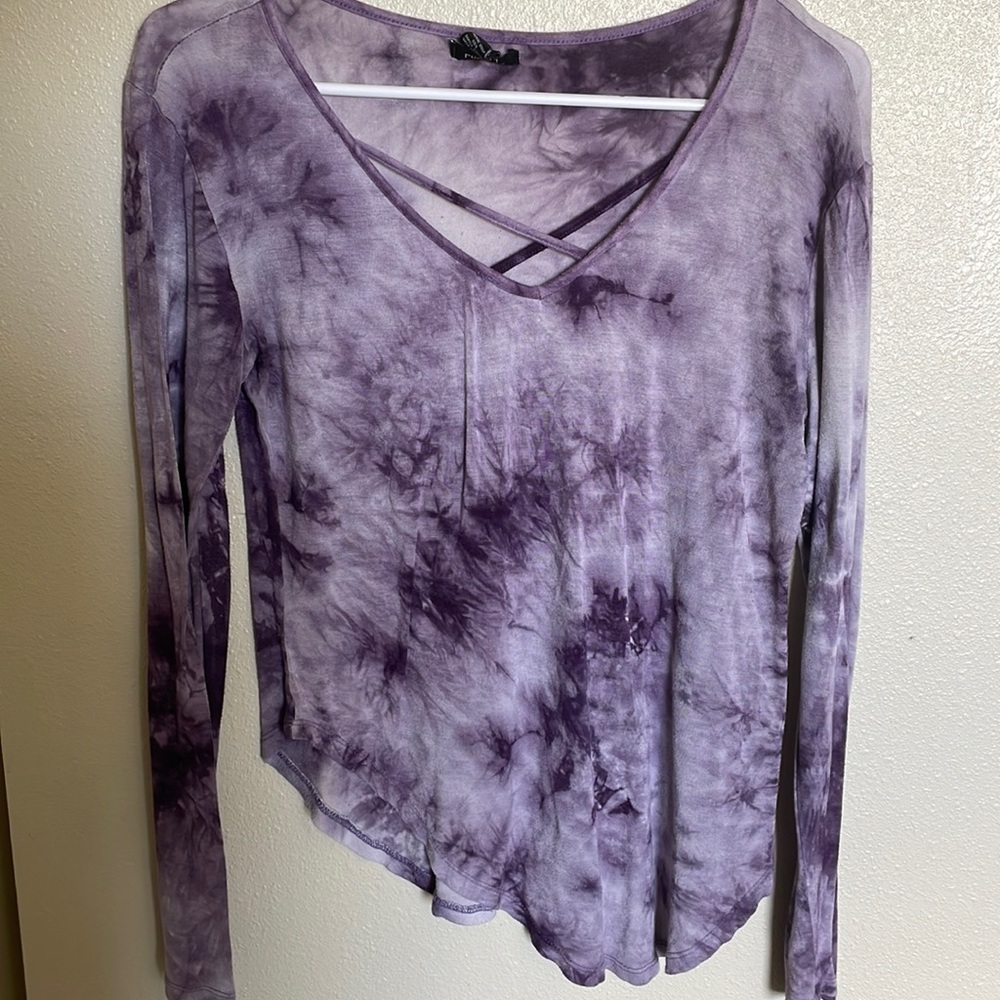 Tie dye, purple shirt. Rue 21, flowy, thin, and good material